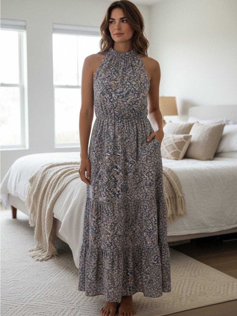 Chic-Style High-Neck Floral Maxi Dress in Blue L